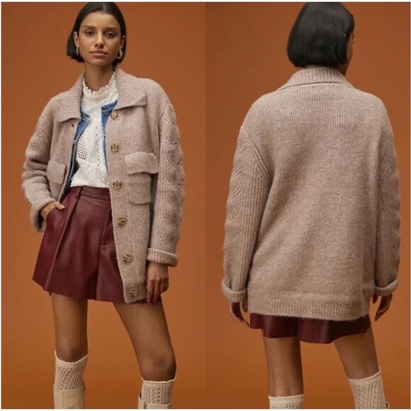 Anthropologie DH New York Sweater Womens M Tan Utility Shirt Jacket Wool Pockets